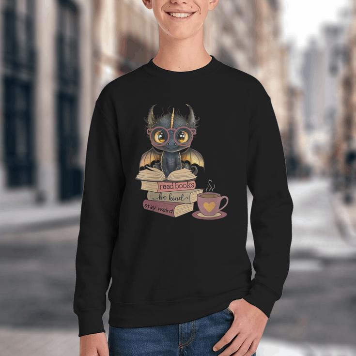 Dragon Read Books Be Kind Stay Weird Book Lover Youth Crewneck Sweatshirt