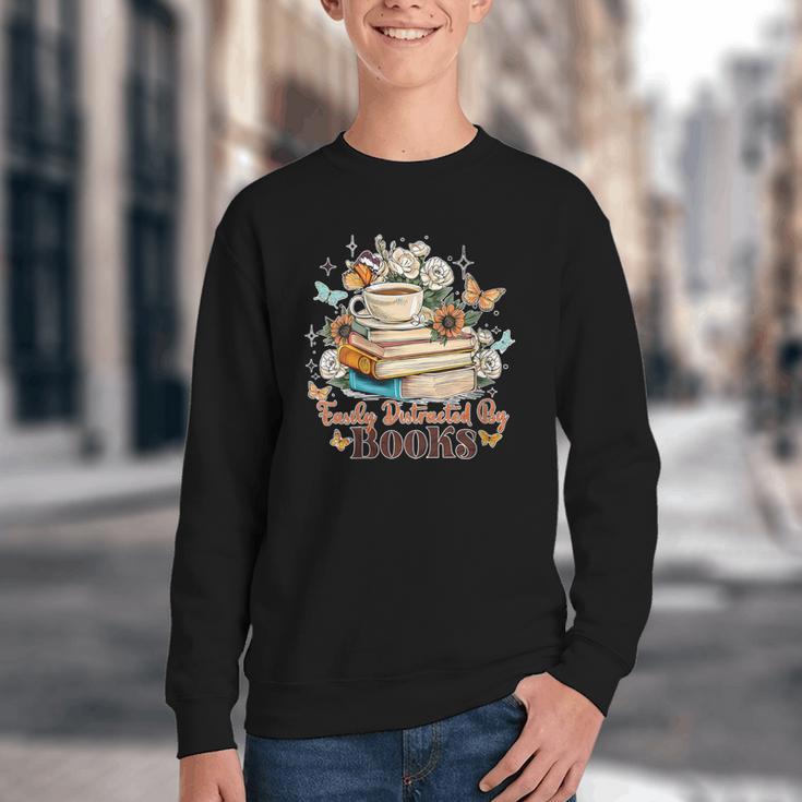 Easily Distracted By Books Book Wildflowers Book Lovers Youth Crewneck Sweatshirt