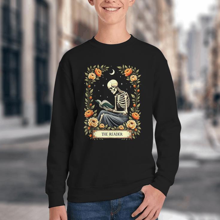 Floral Tarot Card The Reader Skeleton Reading Book Youth Crewneck Sweatshirt