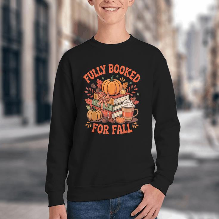 Fully Booked For Fall Books Pumpkin Autumn Thanksgiving Youth Crewneck Sweatshirt