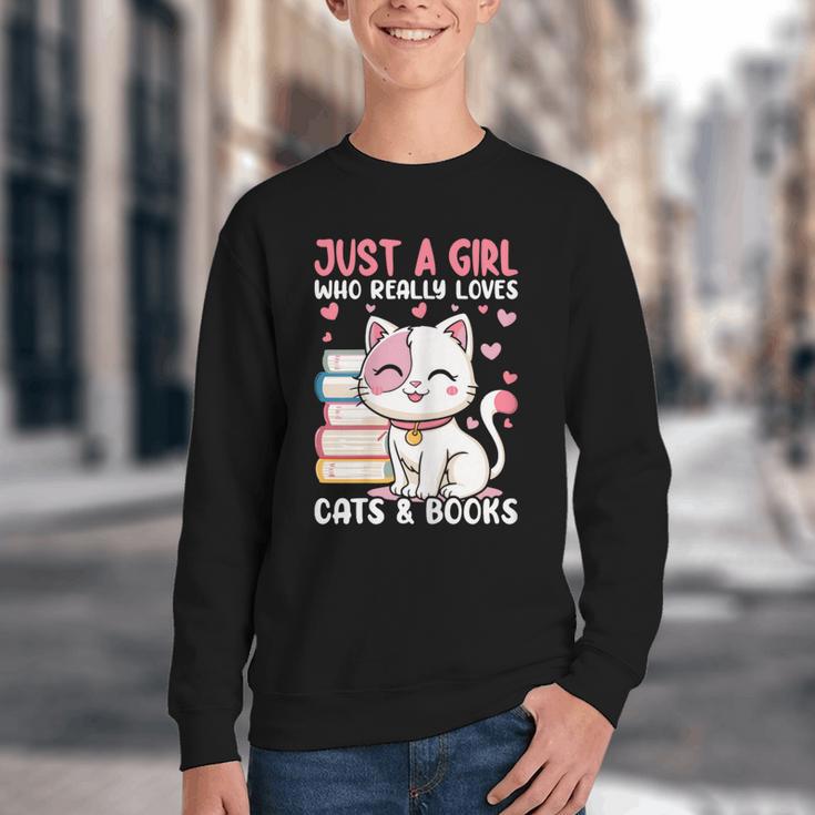 Girl Who Loves Cats And Books Cute Youth Crewneck Sweatshirt
