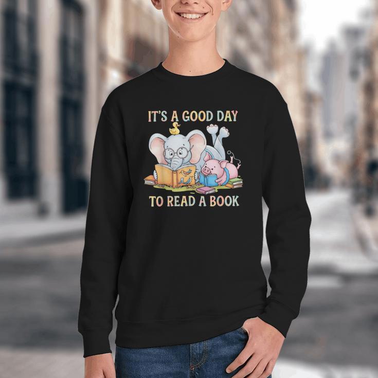 Its A Good Day To Read A Book Cute Pig & Elephant Adventure Youth Crewneck Sweatshirt