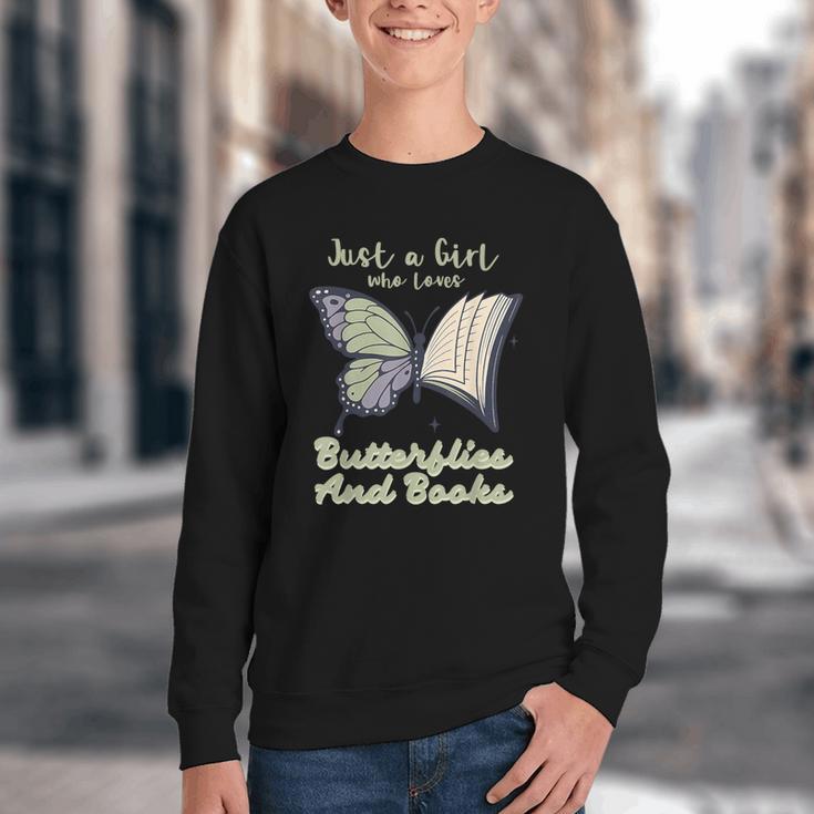 Just a Girl Who Loves Butterflies And Books Butterfly Youth Crewneck Sweatshirt Just a Girl Who Loves Butterflies And Books Butterfly Youth Crewneck Sweatshirt