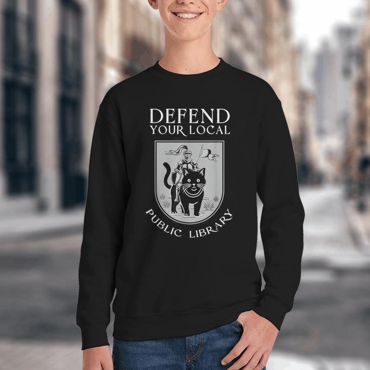 Knight Cat Defend Your Public Library Book Lover Youth Crewneck Sweatshirt Knight Cat Defend Your Public Library Book Lover Youth Crewneck Sweatshirt