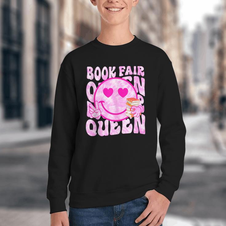 Library Book Fair Queen Vibe Groovy Tie Dye School Reading Youth Crewneck Sweatshirt