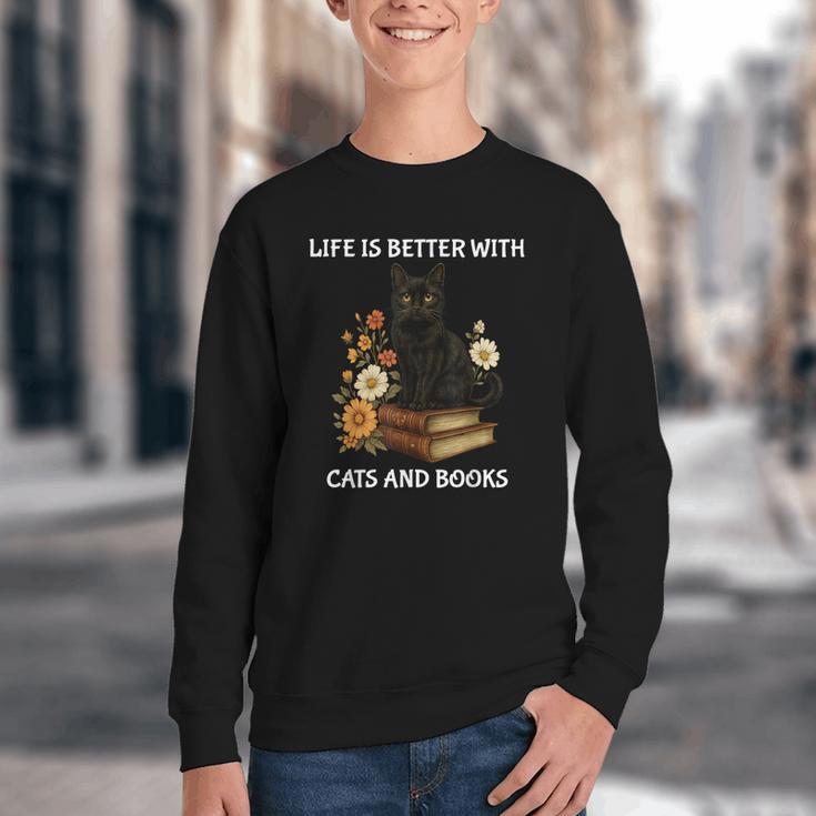 Life Is Better With Cats And Books Cute Cat Lover For Men Women Kids Youth Crewneck Sweatshirt