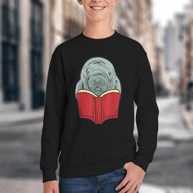 Manatee Reading Books Sea Animal Manatee Youth Crewneck Sweatshirt