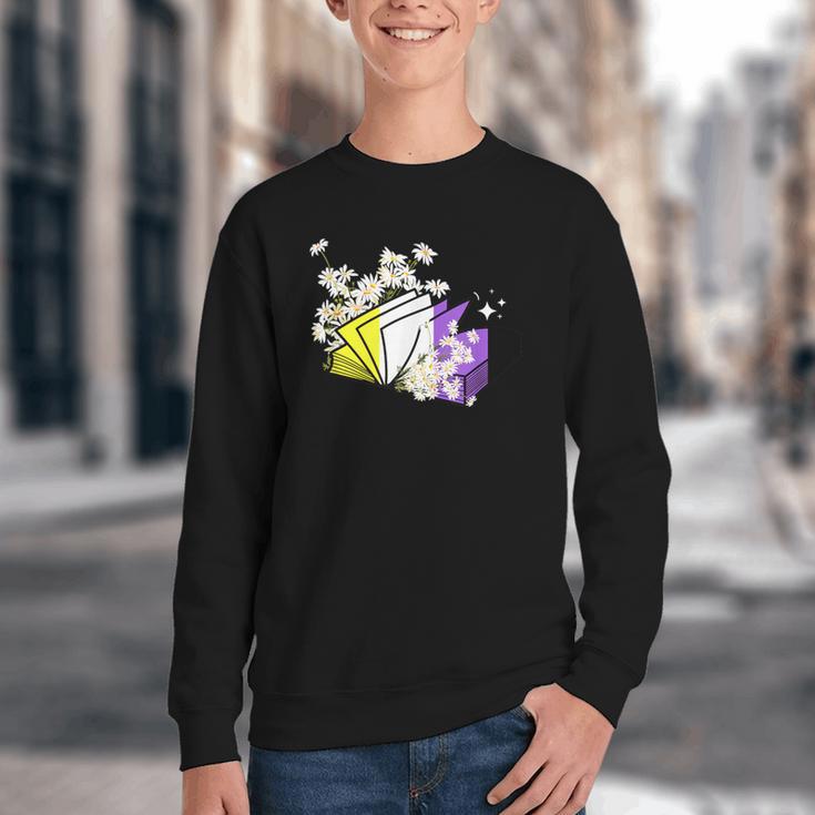 Non-Binary Book Lover Nonbinary Daisy LGBT Reading Pride Youth Crewneck Sweatshirt
