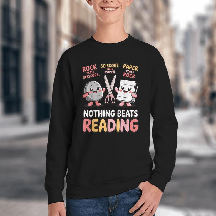 Nothing Goes Beyond Reading Rock Paper Scissors Book Youth Crewneck Sweatshirt