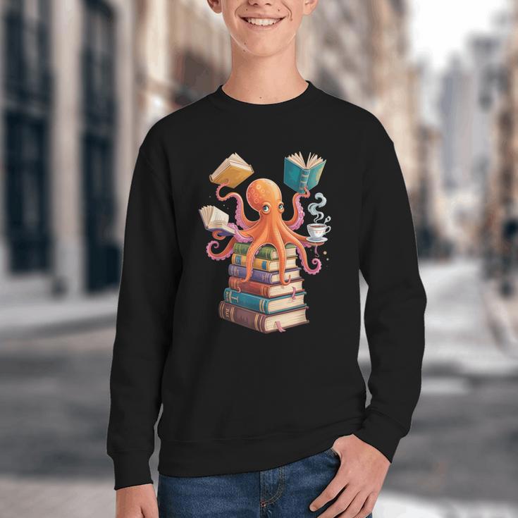 Octopus Book Reading Book Reader Ocean Octopus Youth Crewneck Sweatshirt