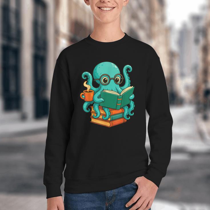 Octopus Reading Book Reading Bookworm Reader Youth Crewneck Sweatshirt