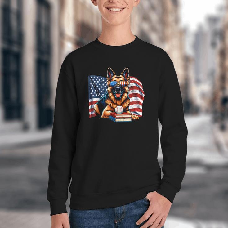 Patriotic German Shepherd Books Baseball USA Flag Vintage Youth Crewneck Sweatshirt