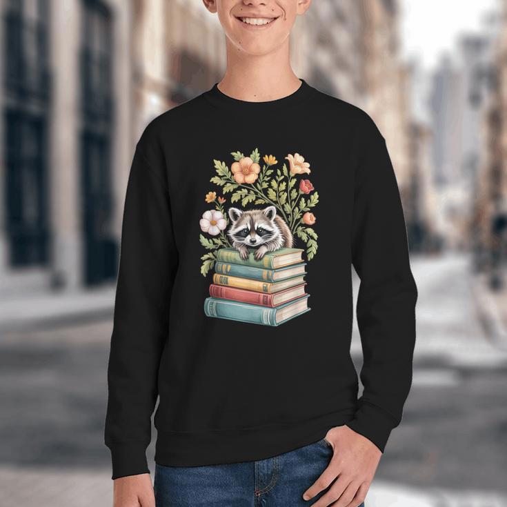 Raccoon Books Reading Flowers Youth Crewneck Sweatshirt