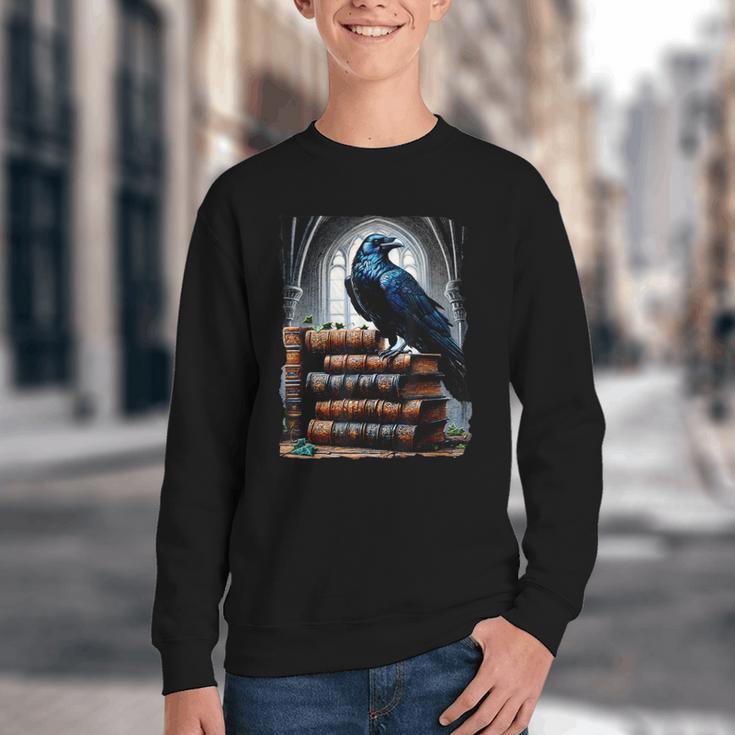 Raven On A Stack Of Books Wisdom Of Odin Youth Crewneck Sweatshirt