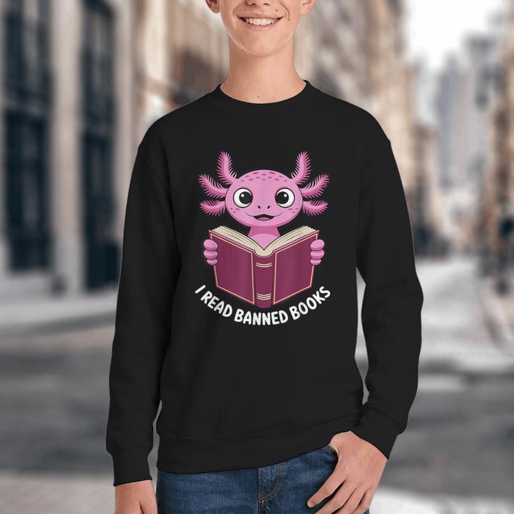 I Read Banned Books Axolotl Reading Youth Crewneck Sweatshirt