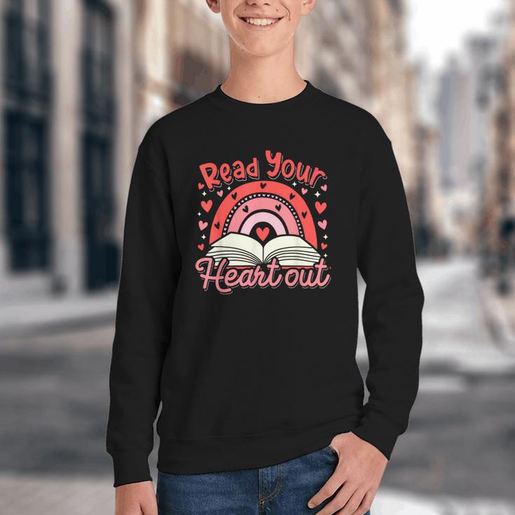 Read Your Heart Out Book Valentines Day Reading Teacher Youth Crewneck Sweatshirt