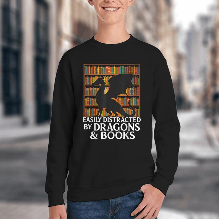 Reading Dragon Easily Distracted By Dragons And Books Youth Crewneck Sweatshirt