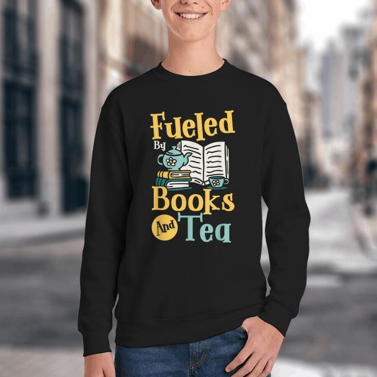 Reading Hobby Bookshelves Library Fueled By Books And Tea Youth Crewneck Sweatshirt