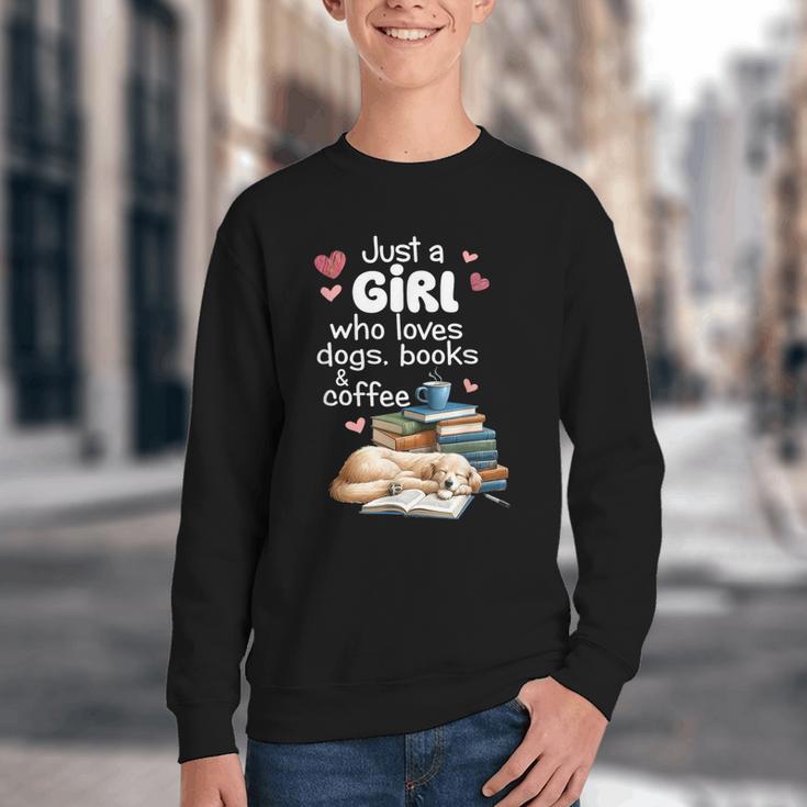 Retro Just A Girl Who Love Dogs Books And Coffee Bookworm Youth Crewneck Sweatshirt Retro Just A Girl Who Love Dogs Books And Coffee Bookworm Youth Crewneck Sweatshirt