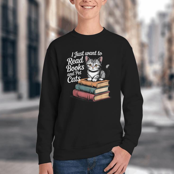 Retro I Just Want To Read Books And Pet Cats Cat For Men Women Kids Youth Crewneck Sweatshirt