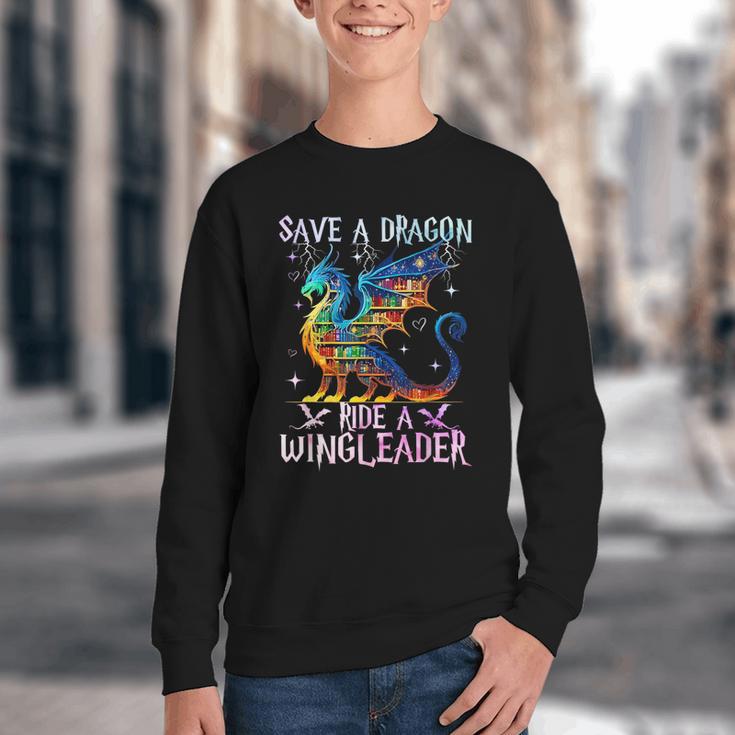 Save A Dragon Ride A Wingleader Books Dragon Lover Cute Youth Crewneck Sweatshirt
