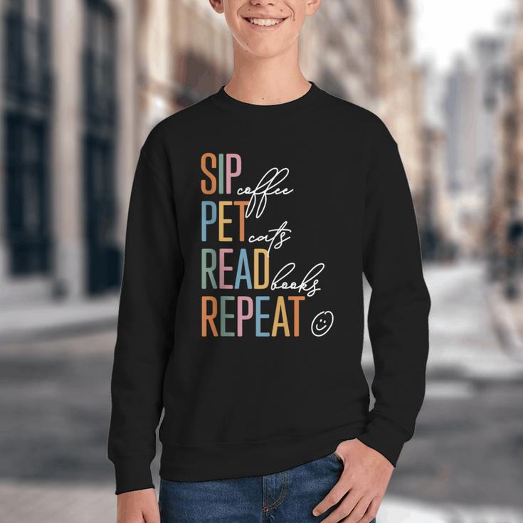 Sip Coffee Pet Cats Read Books Repeat Book Cat Lover Youth Crewneck Sweatshirt
