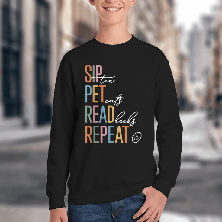 Sip Tea Pet Cats Read Books Repeat Book Cat Lover Youth Crewneck Sweatshirt Sip Tea Pet Cats Read Books Repeat Book Cat Lover Youth Crewneck Sweatshirt