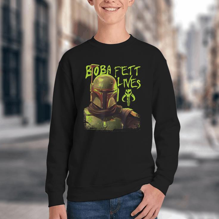 Star Wars The Book Of Boba Fett Neon Boba Fett Lives Poster Youth Crewneck Sweatshirt
