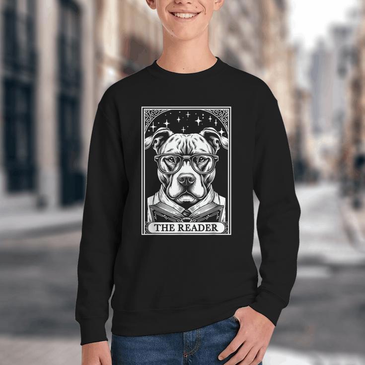 Tarot Card Vintage Pit Bull Pittie Dog Book Lover The Reader Youth Crewneck Sweatshirt