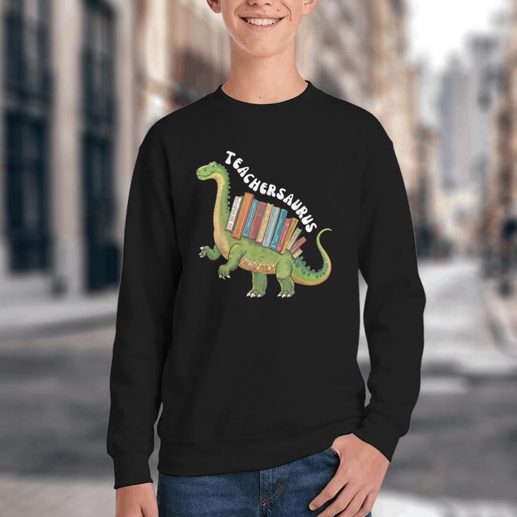 Teachersaurus Dinosaur Teachers Dino Reading Book Librarian Youth Crewneck Sweatshirt