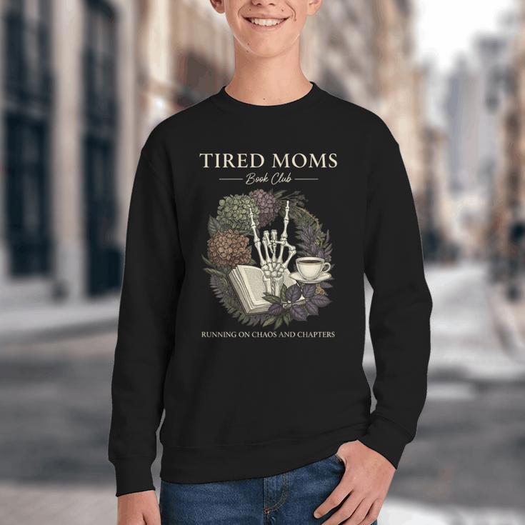 Tired Moms Book Club Dark Floral Coffee Skeleton Youth Crewneck Sweatshirt Tired Moms Book Club Dark Floral Coffee Skeleton Youth Crewneck Sweatshirt