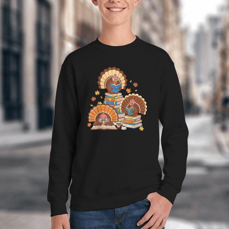 Turkey Read Books Reading Fall Thanksgiving Teacher Youth Crewneck Sweatshirt