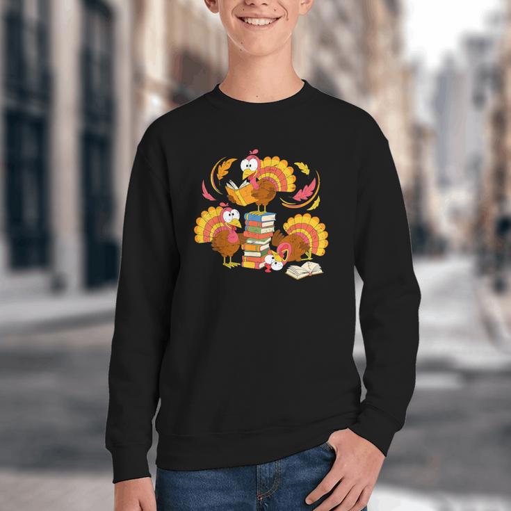 Turkey Reading Books Fall Thanksgiving Teacher Librarian Youth Crewneck Sweatshirt Turkey Reading Books Fall Thanksgiving Teacher Librarian Youth Crewneck Sweatshirt