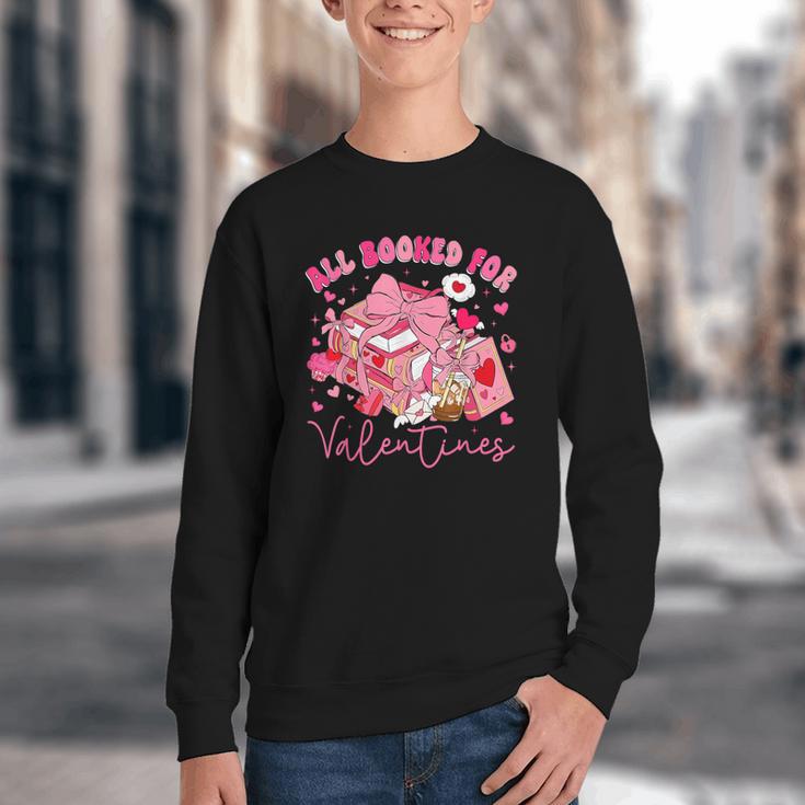 Valentine All Booked Book Coffee Coquette Bow Girl Women Youth Crewneck Sweatshirt
