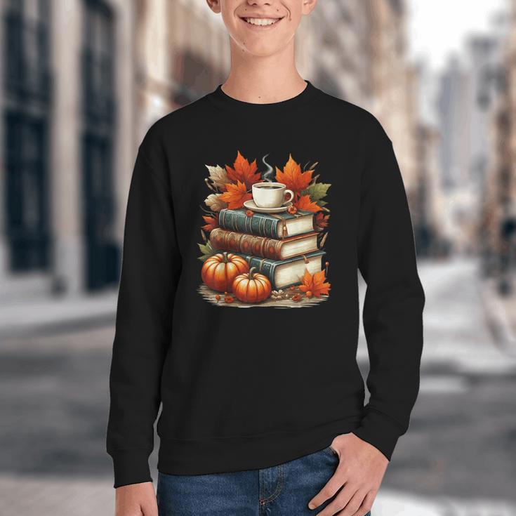 Vintage Autumn Books Coffee Pumpkin Fall Reading Youth Crewneck Sweatshirt
