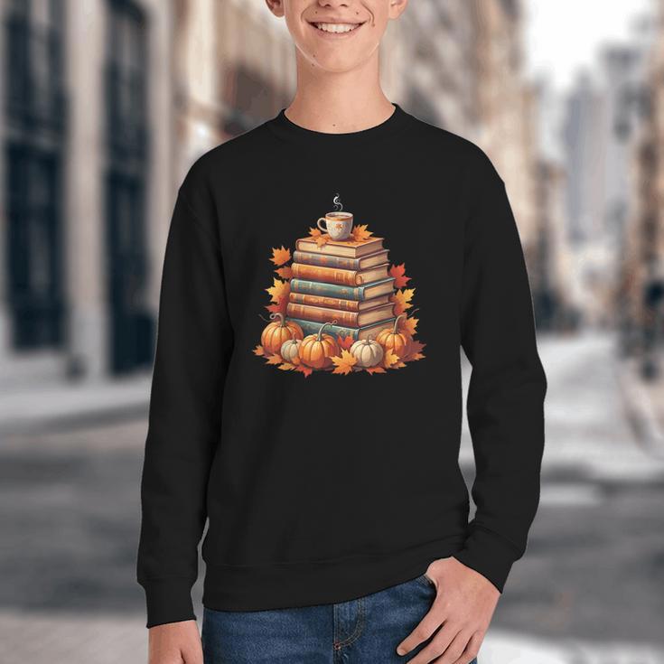 Vintage Autumn Books Pumpkin Coffee Book Lover Reading Youth Crewneck Sweatshirt