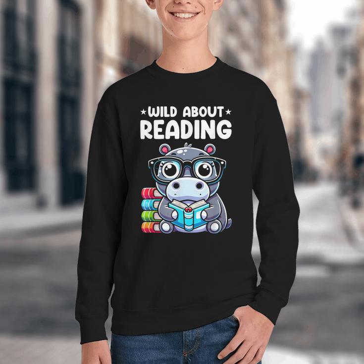 Wild About Reading Book Lover Hippo Youth Crewneck Sweatshirt