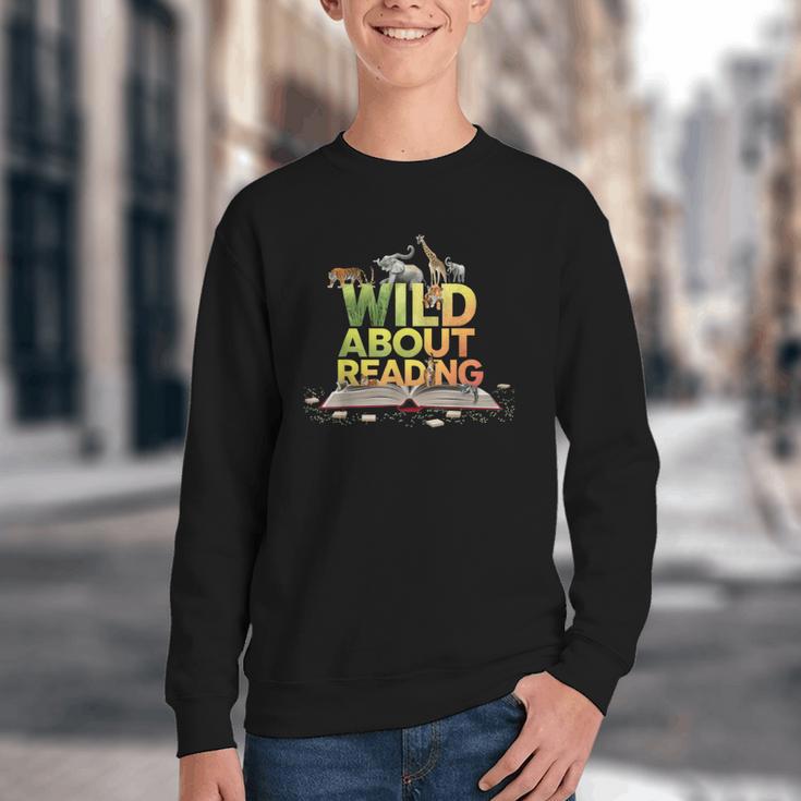 Wild About Reading Books Lovers Novelty Bookworm Library Day Youth Crewneck Sweatshirt