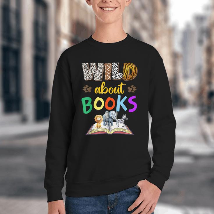 Wild About Reading Books Reader Bookworm Animals Book Lover Youth Crewneck Sweatshirt