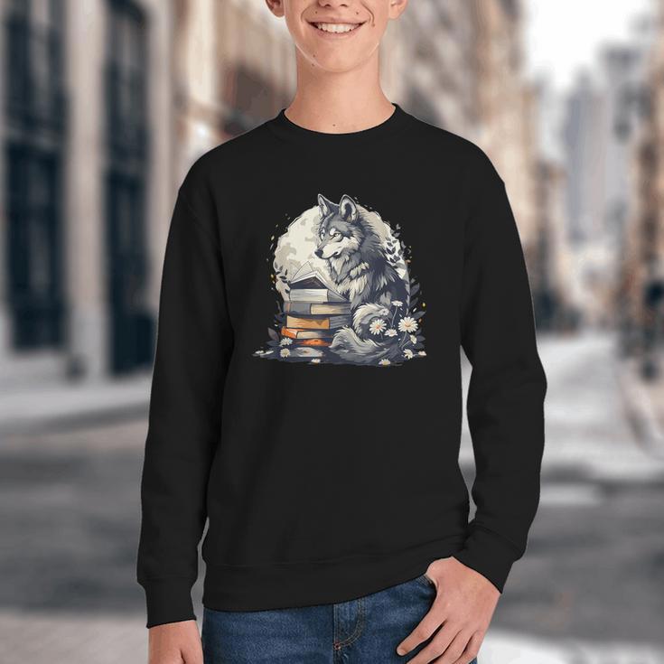 Wolf Reading Book Librarian Library Wolves Youth Crewneck Sweatshirt