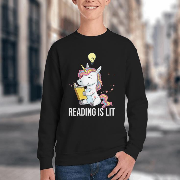Women's Reading Is Lit Unicorn Library English Teacher Book Lover Youth Crewneck Sweatshirt