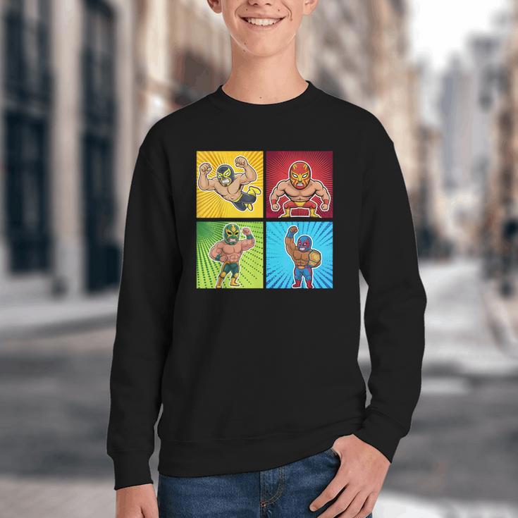 Wrestling Comic Book Wrestler Mexican Lucha Libre Mask Youth Crewneck Sweatshirt