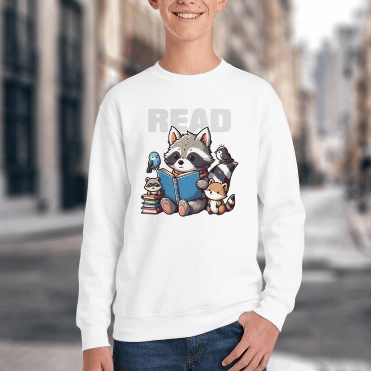 Animals Raccoon Reading Book Librarian Across America Kids Youth Crewneck Sweatshirt