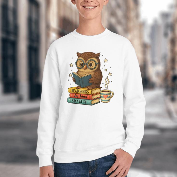 Book Lover Owl Reading Bookish Library Read Books Be Kind Youth Crewneck Sweatshirt