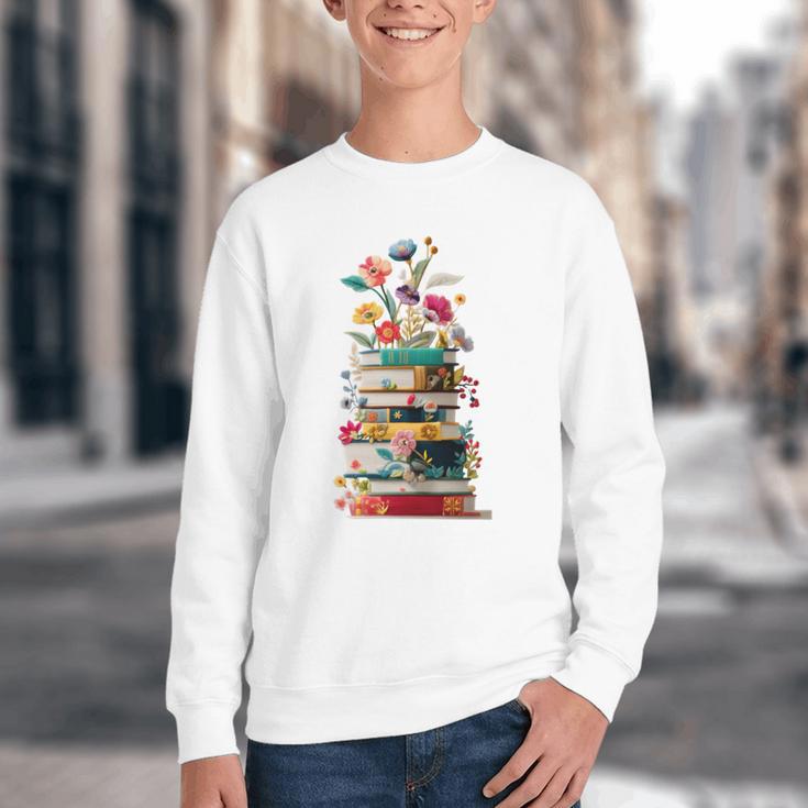 Book Stack With Flowers Reading Lover Bookish Youth Crewneck Sweatshirt