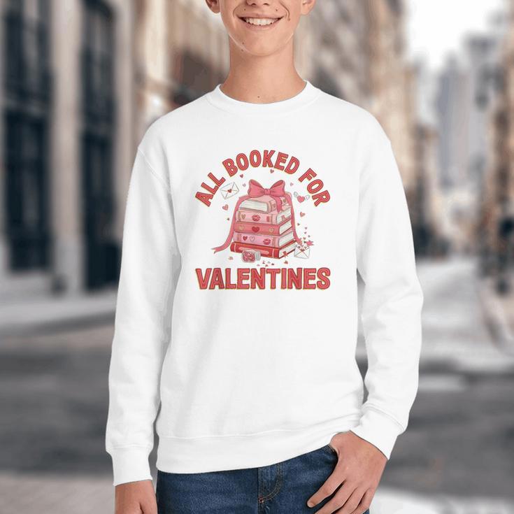 All Booked For Valentines Bow Heart Book Lover Valentine Day Youth Crewneck Sweatshirt