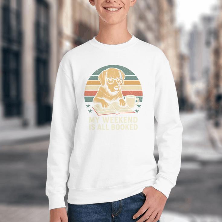 My Weekend Is All Booked Vintage Dog Reading Book Lovers Youth Crewneck Sweatshirt