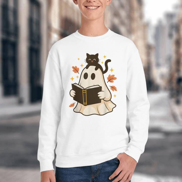 Books Ghost Reading Book Halloween Library Cat Fall Youth Crewneck Sweatshirt