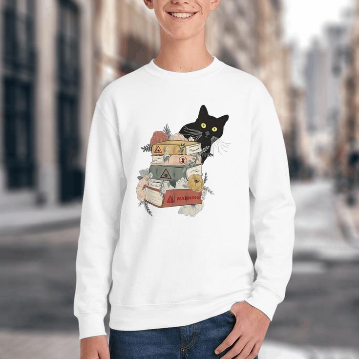 Cat And Books Flowers Reading Club Cat Lover Bookworm Youth Crewneck Sweatshirt