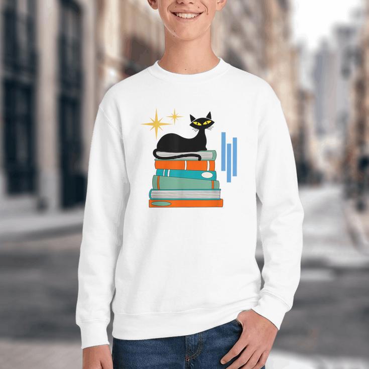 Cat And Books Retro Midcentury Mid Century Aesthetic Youth Crewneck Sweatshirt